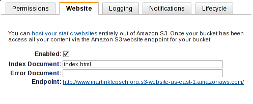 Website settings in the bucket propertie pane